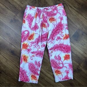 Alexandra Bartlett White Pink Orange Paisley Linen Capri Crop Pants